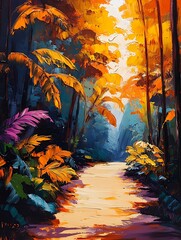 Vibrant Autumn Forest Pathway in Golden Light