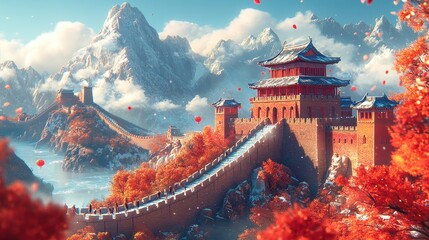 Obraz premium Stunning Autumn View of the Great Wall of China with Snow-Capped Mountains and Vibrant Red Foliage
