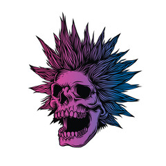 A skull with an open mouth and a punk rock hairstyle. T-shirt design, stickers, print.