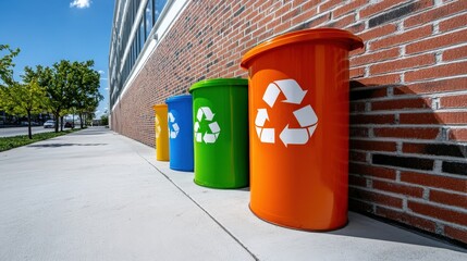 Four trash cans are lined up on a sidewalk, each with a different color