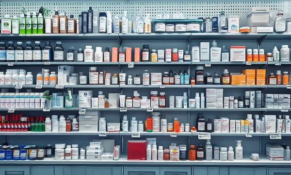 Pharmacy Shelves Filled With Medications