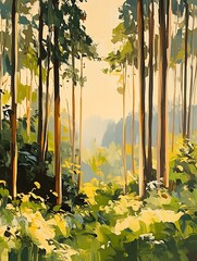 Vibrant Forest Landscape with Tall Trees and Sunshine