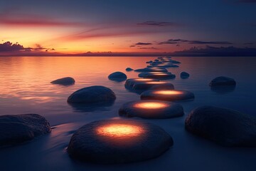 A path made of glowing, floating stones leading toward a distant horizon, symbolizing a journey of self discovery