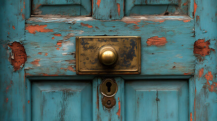 A weathered blue door with a brass door knocker and keyhole.