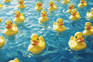 Sea of identical rubber duckies floating in calm, crystal-clear water, their vibrant yellow contrasting with the deep blue. 