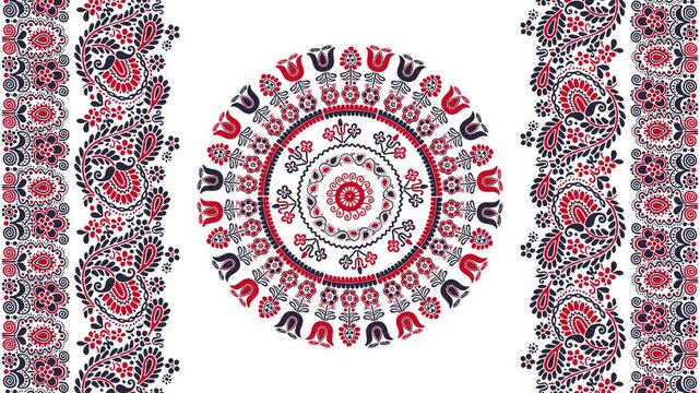 Traditional Hungarian embroidery pattern, Abstract 4k motion graphic repeating loop design over white background