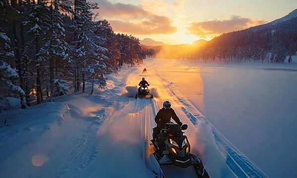 Snowmobiling Adventure at Sunset