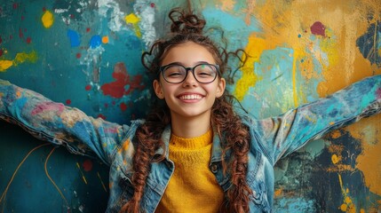 Fototapeta premium A young woman with paint-splattered clothes smiles against a colorful background. .
