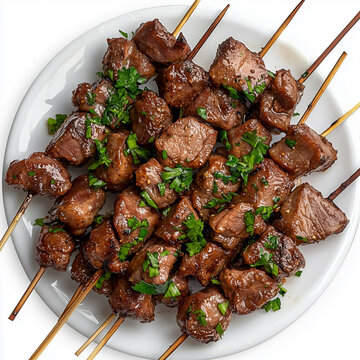 Succulent Ciger Sis Turkish Liver Kebab on Skewers for Food Photography on White Background