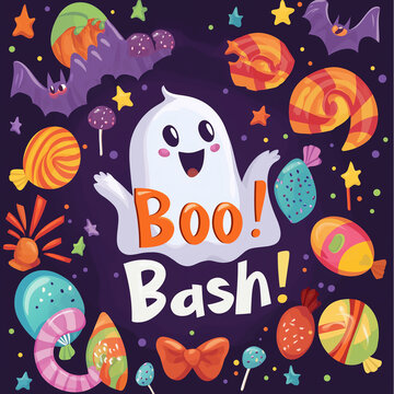 Boo Bash! vector poster featuring a ghost with a speech bubble saying "Boo!" surrounded by candy, bats, and stars