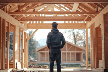 Fototapeta premium Architect wooden buildings. Man stands under frame wooden house.