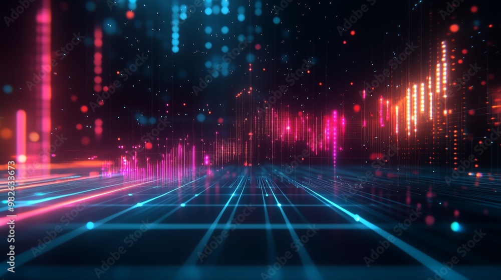 Poster colorful digital waveforms creating a vibrant atmosphere of sound and light in a futuristic space en
