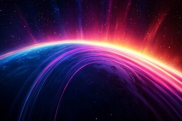 Cosmic symphony visualized as soundwaves circling Earth, vibrant energy in a starry expanse.