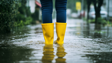 Woman in yellow rubber boots stays on the flooded street