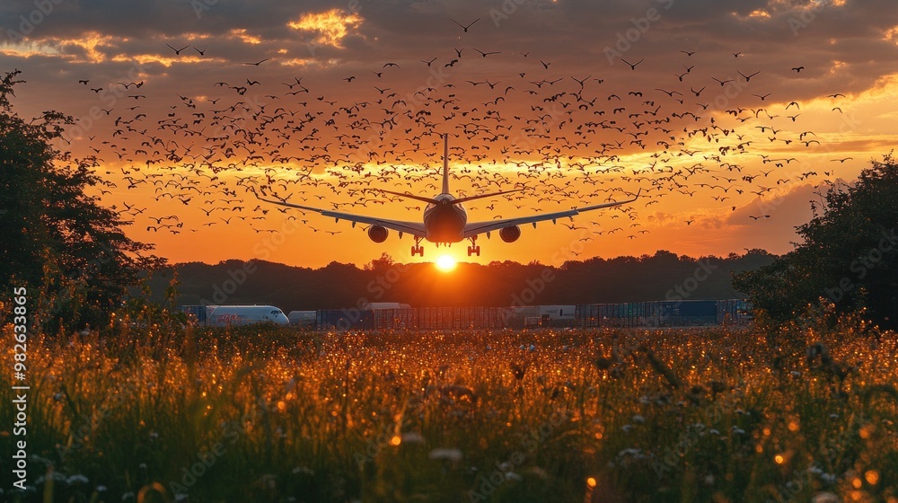 Wall mural Airplane Landing at Sunset