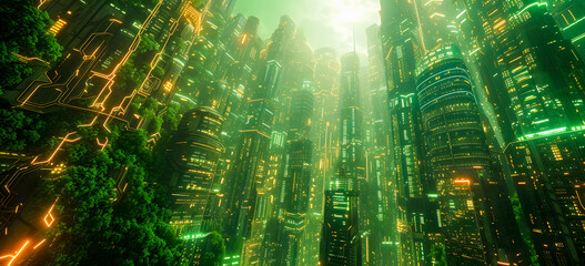 Fototapeta premium future city with green neon lights. Concept of greencity and eco friendly. cyberpunk city looks. Premium background for the greencity.