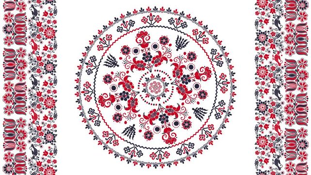 Traditional Hungarian embroidery pattern, Abstract 4k motion graphic repeating loop design over white background
