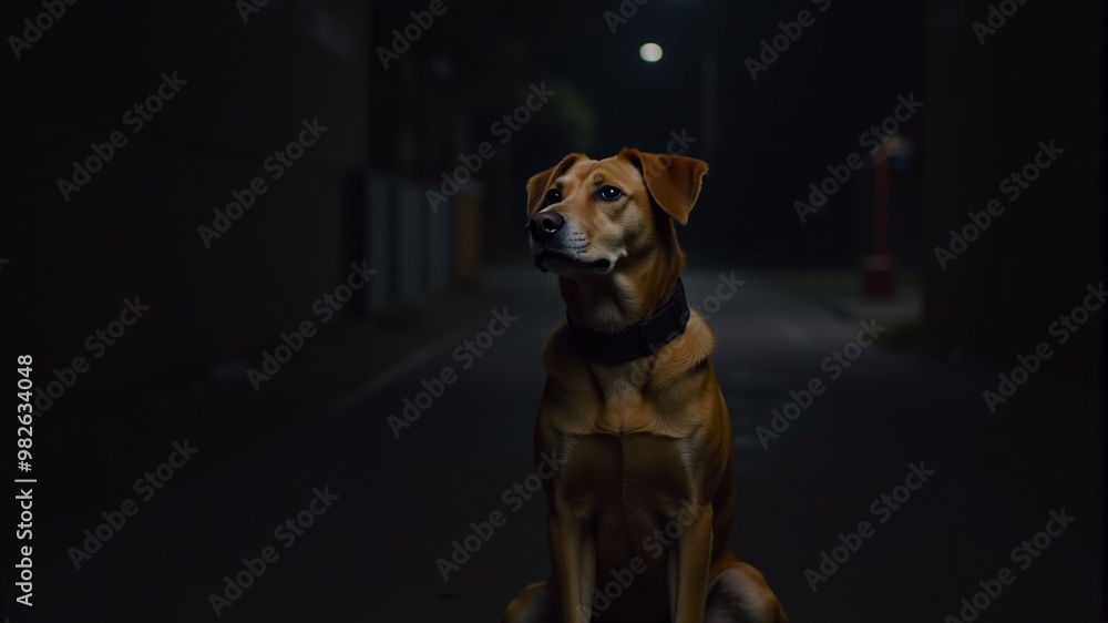 Poster a dog sits in the dark with a light on.