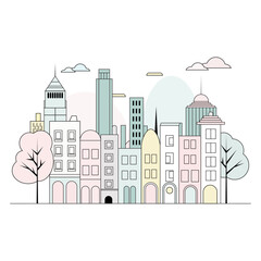 Illustration in a simple, minimal geometric style - a cityscape with buildings and trees, presented as a horizontal banner.