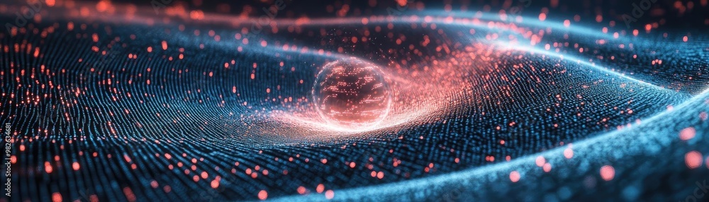 Poster abstract digital landscape with glowing particles and waves, creating a mesmerizing visual experienc