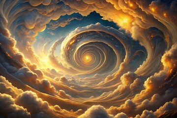 High-quality digital illustration of ethereal clouds morphing into intricate spiral patterns, bathed in a warm, golden light, evoking a sense of mystique and enchantment.