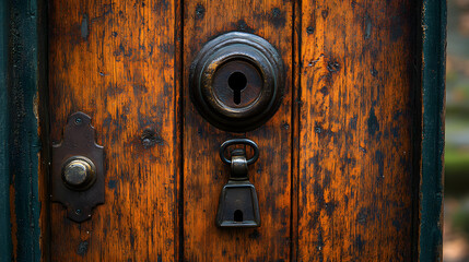 Fototapeta premium Close-up of a weathered wooden door with a keyhole, a doorknob, and a small bell.