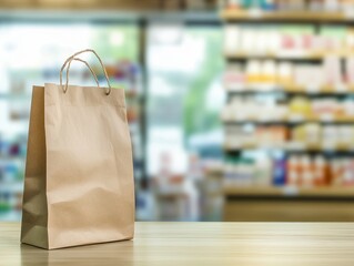 Photo of a paper bag on Pharmacy drugstore countertop