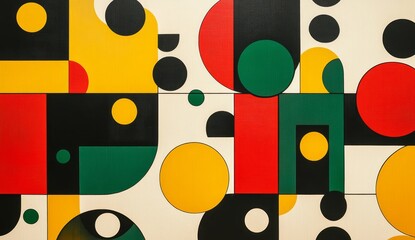 Abstract geometric painting with vibrant red, yellow, green and black shapes on a cream background. .