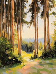 Serene Forest Pathway with Tall Trees and Soft Light