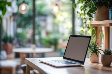 Close-up, a women's office desk with modern laptop computer with generative ai