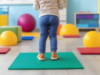 Naklejka premium A toddler stands on a green mat in a colorful playroom, surrounded by playful elements like soft balls and mats.