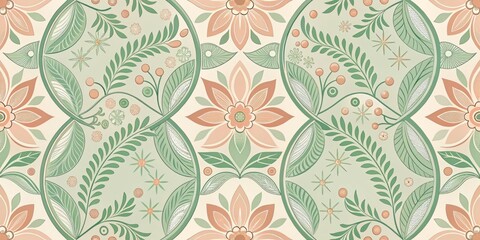 Blushing peach and soft sage hues entwine in an intricate pattern of curved lines and gentle shapes, radiating a sense of calming serenity and soothing gentleness.