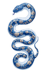 Obraz premium Snake decorated with flowers hand drawn illustration. Blue and white oriental tattoo sketch. Chinese New Year 2025 Zodiac Snake.