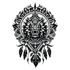 Fototapeta premium Barong with bohemian decoration in black and white illustrations, cutout graphic h