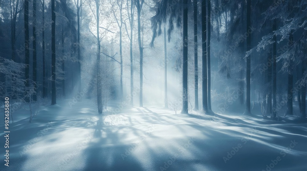 Poster a serene winter forest with soft light filtering through snow-covered trees, creating a tranquil and