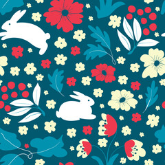 Seamless pattern with hares, flowers and leaves on a blue background 