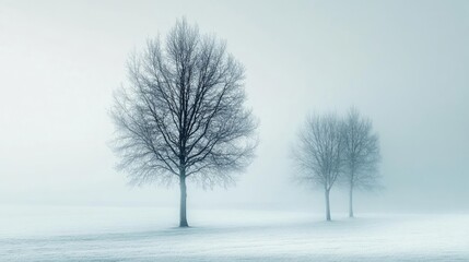 A serene winter landscape featuring three bare trees standing in a foggy setting, creating an atmosphere of tranquility.