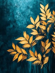 Golden Leaves Against Turquoise Background