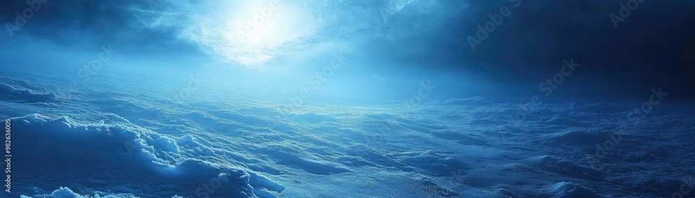 Poster a serene view of the ocean under a cloudy sky, illuminated by a soft light, creating a tranquil atmo