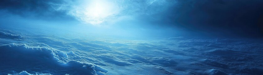 A serene view of the ocean under a cloudy sky, illuminated by a soft light, creating a tranquil atmosphere of calmness and beauty.