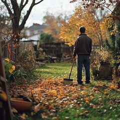 Man Cleaning Yard in Autumn with a Rake on a Breezy Day