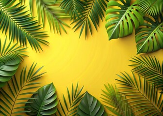 Naklejka premium High-quality 3D graphic rendering of tropical leaves with soft, gradient shadows, poised against a bright yellow background, crafting a beautiful and natural frame for a solid text area