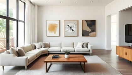 Fototapeta premium A minimalist living room with a curved beige sofa, a wooden coffee table, and abstract art pieces on the wall. The room has large windows that let in natural light, and there is a small potted plant o