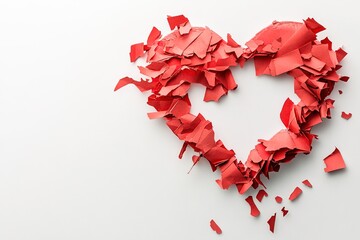 Shattered red heart pieces on white