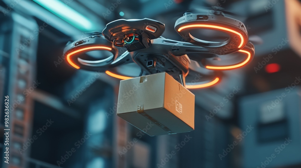 Aufkleber a drone equipped with lights is delivering a package in a high-tech environment, showcasing modern a