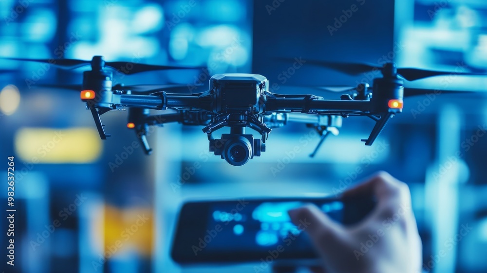 Poster a close-up of a drone controlled by a person using a smartphone, set against a backdrop of technolog