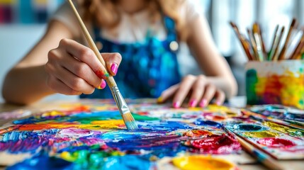 Naklejka premium Young Woman Paints a Colorful Canvas With a Brush in a Bright Art Studio