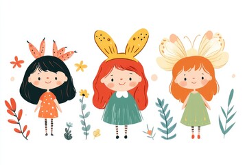 Three cute cartoon girls wearing animal costumes surrounded by flowers