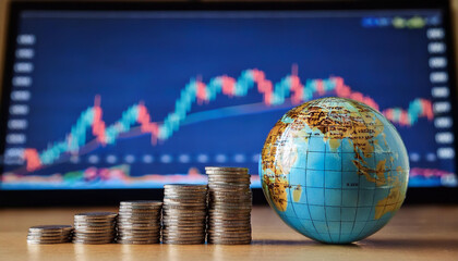 小さな地球儀と積み上げられたコインが描かれています。背後には世界地図と株価チャートが表示され、経済成長やグローバルな金融市場の動向を象徴しています。コインの積み重ねが富や投資の増加を示唆しています。generative AI
