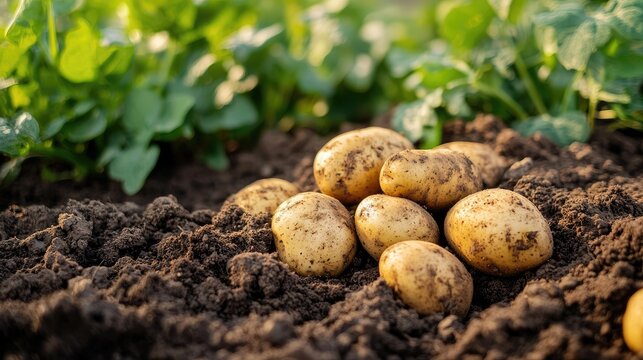 Fresh organic potatoes growing in the field